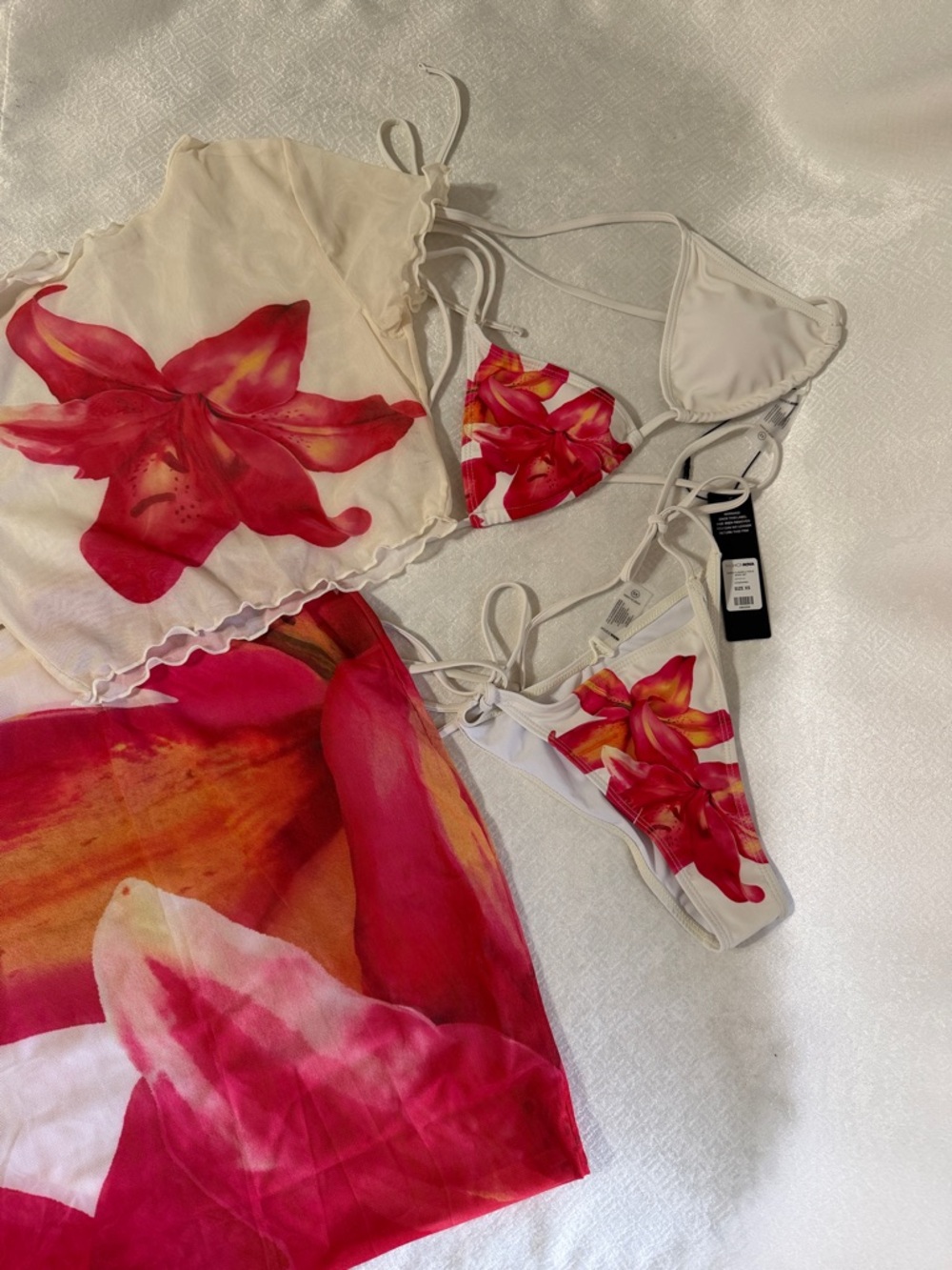 Fashion Nova White & Pink Floral Bandeau Bikini with Sheer Floral Cover-Up